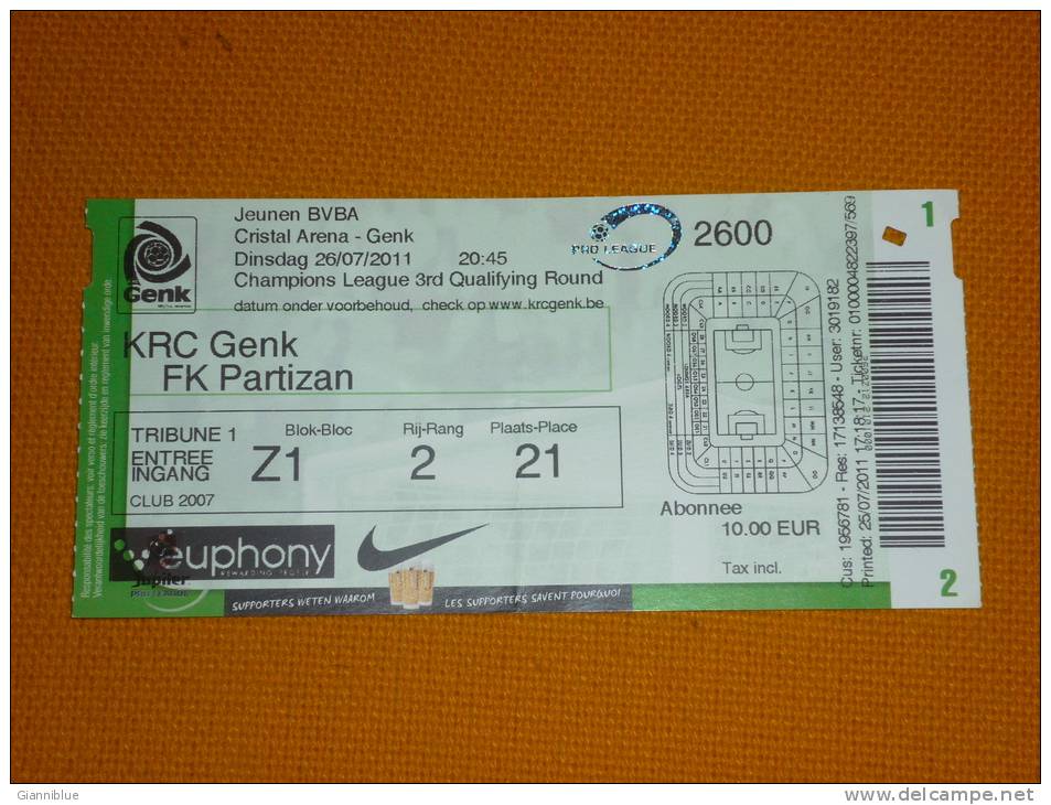 KRC Genk-FK Partizan/Football/UEFA Champions League Qualification Match Ticket - Eintrittskarten