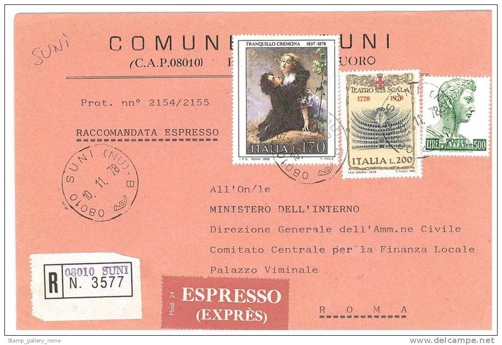 SUNI  08010  PROV. NUORO - ANNO 1978 -  R EXP  - STORIA POSTALE DEI COMUNI D´ITALIA - POSTAL HISTORY - Franking Machines (EMA)