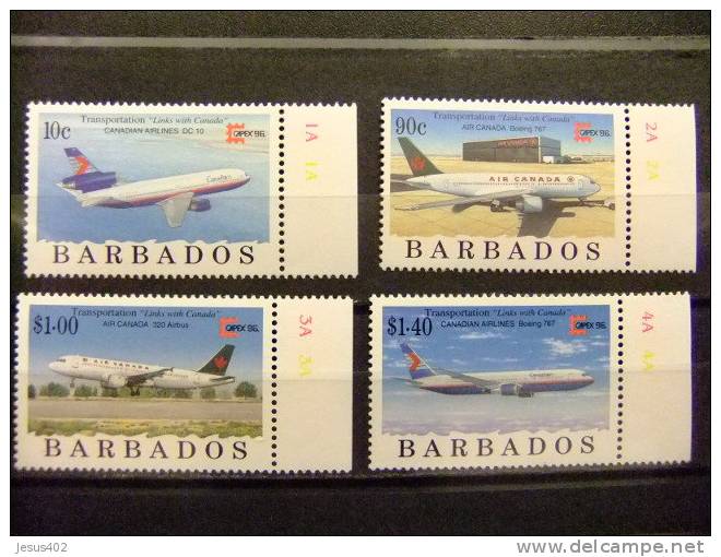 BARBADOS 1996 CAPEX 96 EXPOSICION FILATELICA EN TORONTO YV 941 - 944 ** AVIONES - Barbades (1966-...)