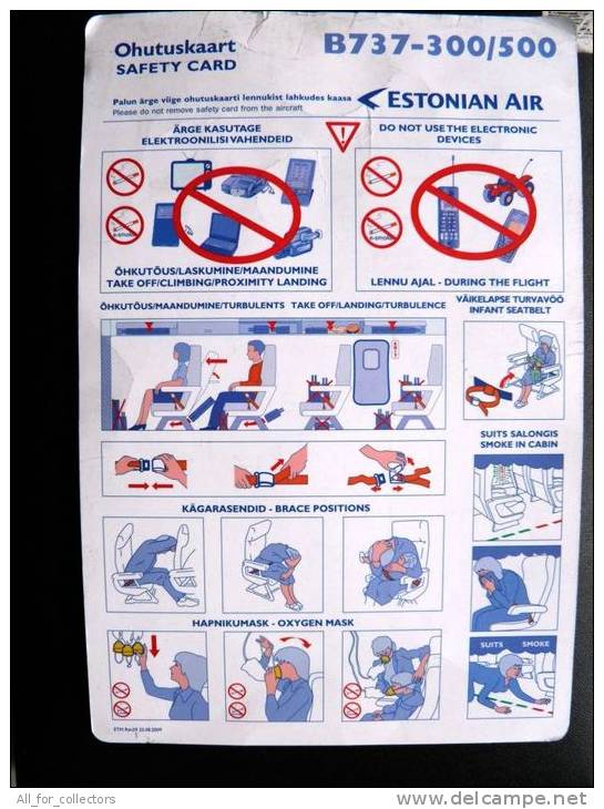 2 Scans, Boeing B737 Safety Instructions / Consignes De Sécurité, Estonian Air Estonia, Safety Card - Scheda Di Sicurezza