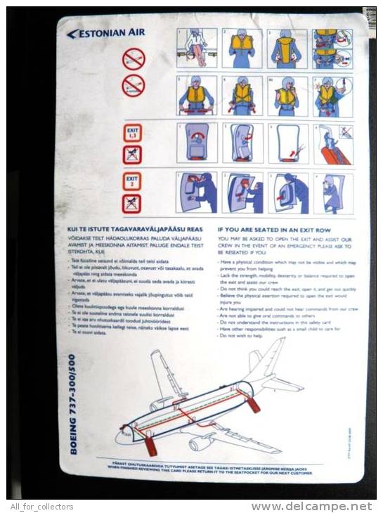 2 Scans, Boeing B737 Safety Instructions / Consignes De Sécurité, Estonian Air Estonia, Safety Card - Veiligheidskaarten