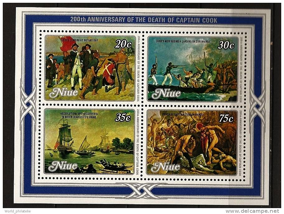 Niue 1979 N° BF 21 ** Tableaux, Capitaine, James Cook, Botany Bay, Erromanga, Resolution, Discovery, Costumes, Fusil - Niue