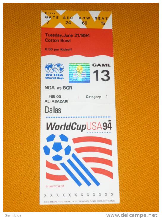 Nigeria-Bulgaria Fifa World Cup USA 1994 Football Match Ticket 13 - Tickets - Entradas