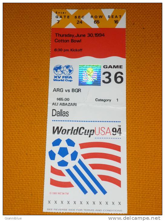 Argentina-Bulgaria Fifa World Cup USA 1994 Football Match Ticket 36 - Match Tickets