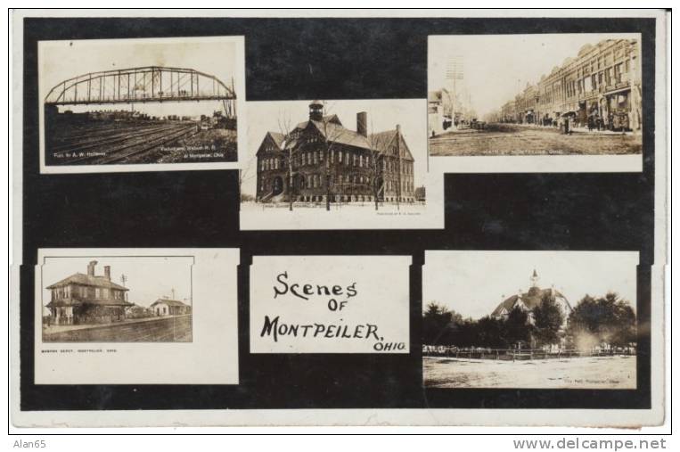 Montpeiler OH Ohio, Wabash Depot, Bridge, Street Scene, City Hall, Multi-views, C1900s Vintage Real Photo Postcard - Autres & Non Classés