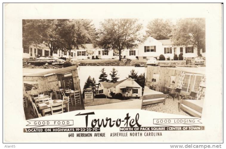 Asheville NC North Carolina, Tour-o-tel Motel, Autos, Room Interiors, Multi-views, C1950s Vintage Real Photo Postcard - Asheville