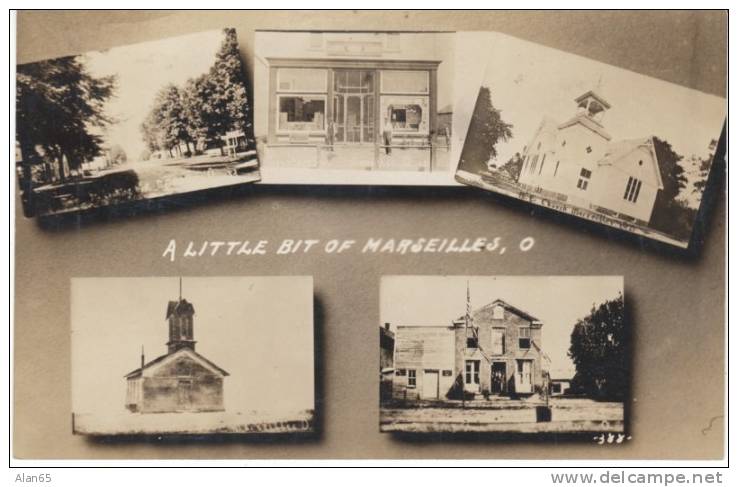 Marseilles OH Ohio, Street Scene, Store, Church, Buildings, Multi-views, C1900s/10s Vintage Real Photo Postcard - Sonstige & Ohne Zuordnung
