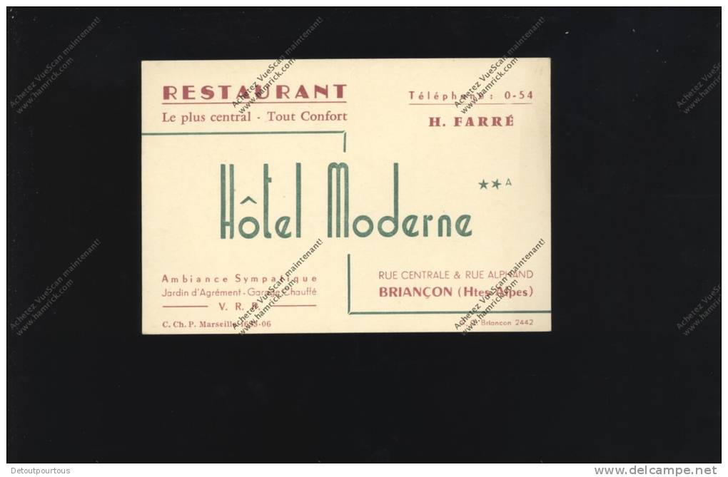 Carte De Visite De L'Hotel Restaurant MODERNE H Farré Rue Centrale & Alphand à Briançon Hautes Alpes - Cartes De Visite