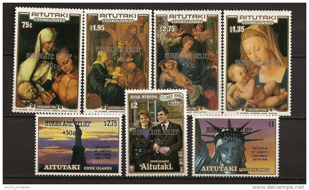 Aitutaki 1987 N° 450 / 6 ** Ouragan, Surtaxe, Tableaux, Dürer, New York, Statue De La Liberté, Prince Andrew, Royale - Aitutaki