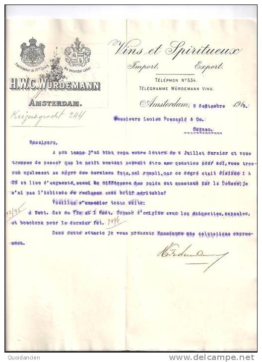 Entête  08/09/1913  AMSTERDAM  ( Pays Bas ) H.W.C.  WÜRDEMANN  -  Vins  Et  Spiritueux - 1900 – 1949