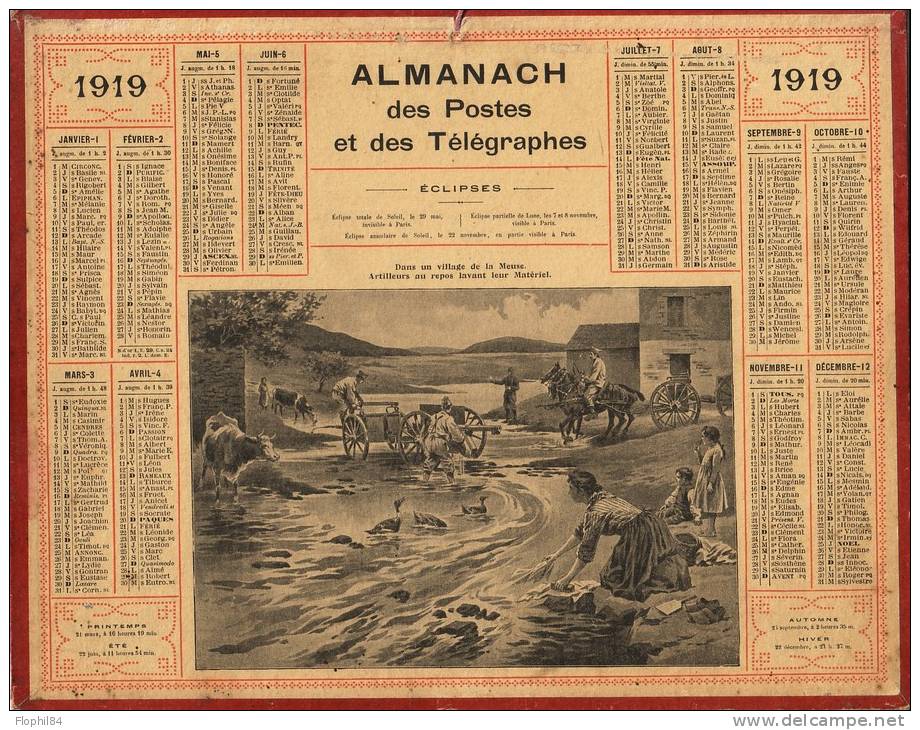 ALMANACH DES POSTES ET TELEGRAPHES 1919 - ARTILLEURS AU REPOS LAVANT LEUR MATERIEL DANS UN VILLAGE DE LA MEUSE. - Grossformat : 1901-20