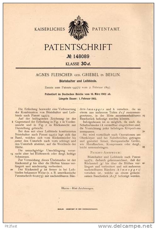 Original Patentschrift - Büstenhalter Und Leibbinde , BH , 1902 , Agnes Fleischer In Berlin , Brust , Busen , Büha !!! - Leibwäsche
