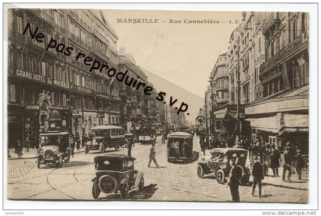 - 39 - Marseille, Rue Cannebière -  Belle Animation, Voitures Anciennes, Autocar, Magnifique, 1929, TBE, - Canebière, Centre Ville