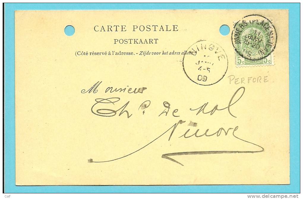 83 Op Kaart Met Firmaperforatie (perfin) " A E & C " Van ARM. EECKHOUT & C° - ANVERS Naar Ninove - 1909-34