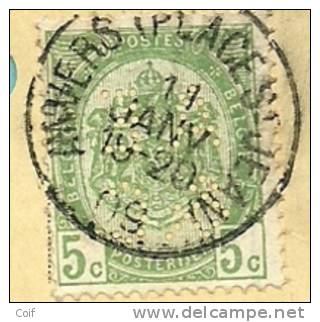 83 Op Kaart Met Firmaperforatie (perfin) " A E & C " Van ARM. EECKHOUT & C° - ANVERS Naar Ninove - 1909-34