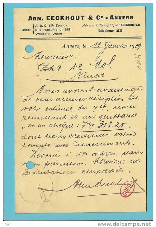 83 Op Kaart Met Firmaperforatie (perfin) " A E & C " Van ARM. EECKHOUT & C° - ANVERS Naar Ninove - 1909-34