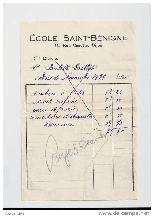 11/1939  -  Ecole  SAINT  BEGNIGNE  -  5 ème  Classe  -  Petite Facture  Payée  Le  05/12 - Diplomas Y Calificaciones Escolares