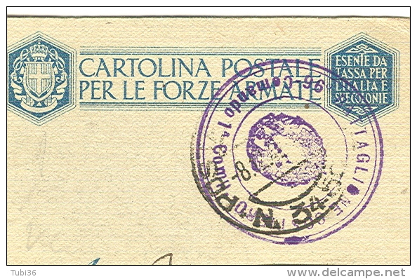 CARTOLINA POSTALE FORZE ARMATE , IN FRANCHIGIA, " PER LA PATRIA SI RINUNZIA AL SUPERFLUO " 1942, 2 STAMPE CHIARO E SCURO - Franquicia