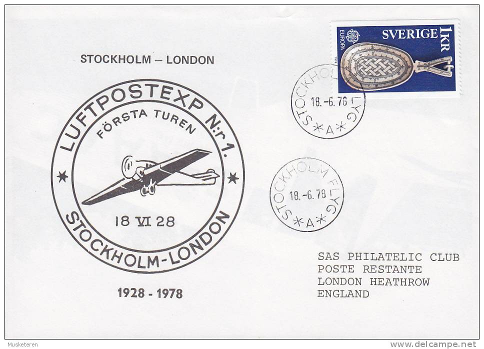 ## Sweden Commemorative First Flight 1976 Cover Brief STOCKHOLM - LONDON Luftpost Exp Nr 1. Cachet Aeroplane Europa CEPT - Lettres & Documents