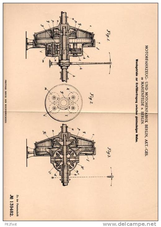 Original Patentschrift - Motorenfabrik AG In Marienfelde B. Berlin , 1901 , Wendegetriebe Zur Kraftübertragung !!! - Voitures
