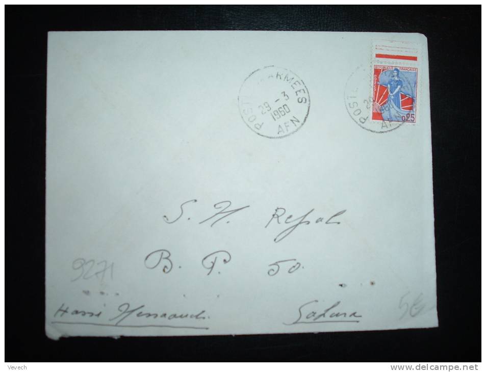 LETTRE POUR HASSI-MESSAOUD SAHARA TP MARIANNE A LA NEF 0,25 F OBL; 29-3-1960 POSTE AUX ARMEES AFN - 1959-1960 Marianne (am Bug)