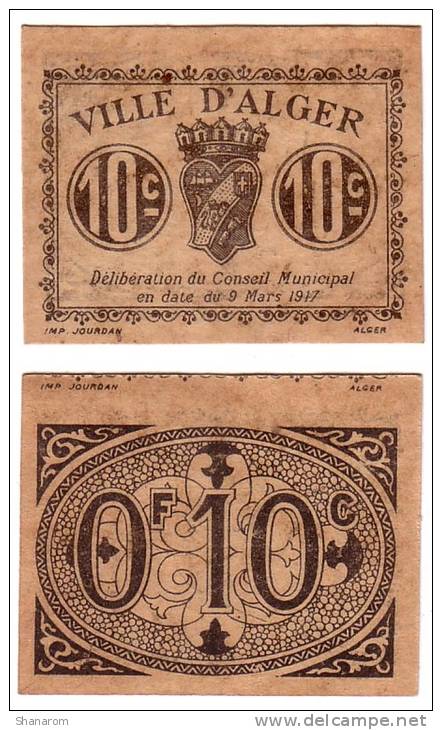 1917 // Algérie // Bon De Nécessité // Ville D' ALGER // 10 Cts - Bons & Nécessité