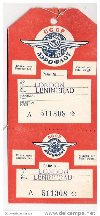 Ticket Embarquement Aviation CCCP Aeroflot  London Lenigrad Union Soviétique Avion Aviateur - Europe