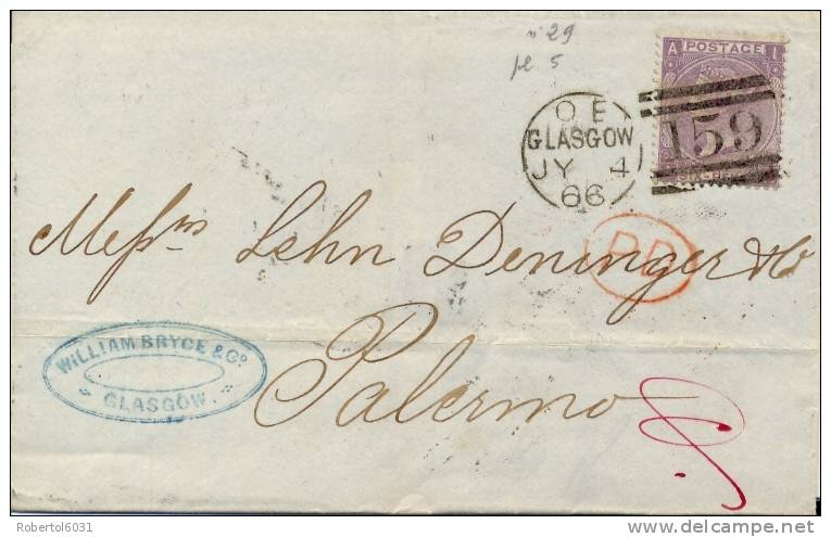 Great Britain 1866 Cover From Glasgow To Palermo (Italy) Franked With 6 Pence Plate Number 5 Cancel 159 - Storia Postale
