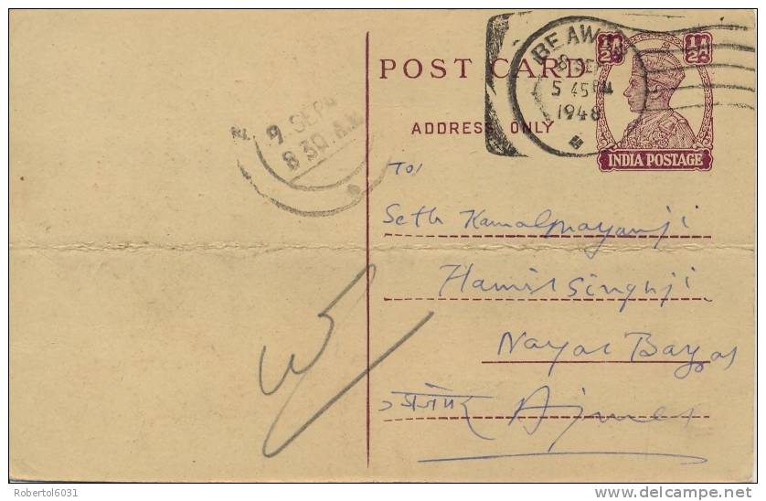 India 1948 Postal Stationery Postcard 1/2 Anna George VI Posted - Cartas & Documentos