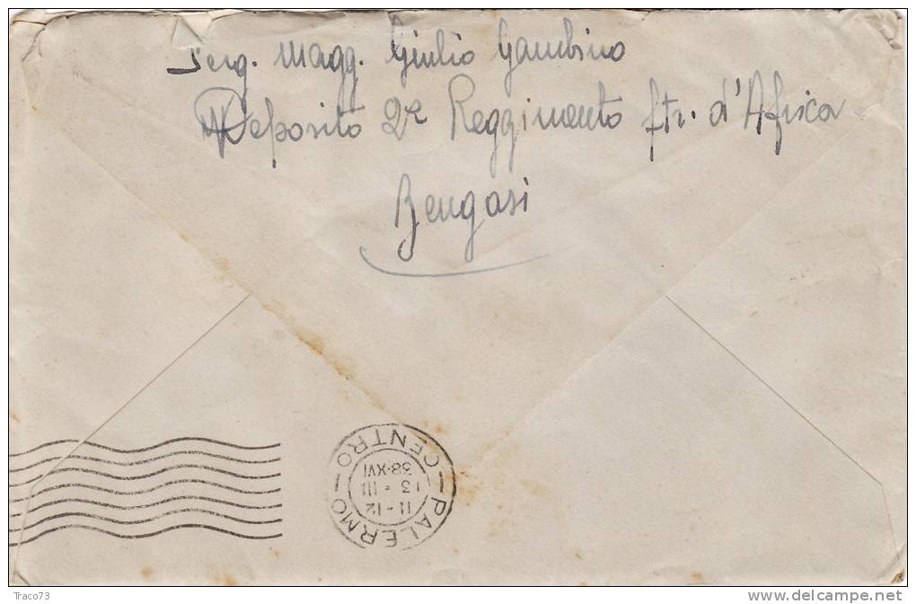 BENGASI  /  PALERMO  10.3.1938  -  Cover _ Lettera  -  Centesimi  50  Isolato - Storia Postale