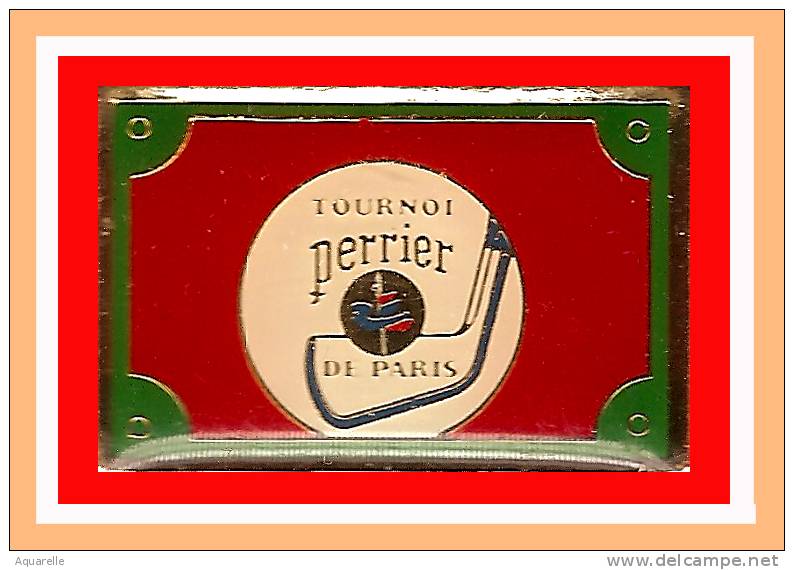 RARE Et SUPER Pin's GOLF-PERRIER : Un Des Rares Rectangle Du Tournois De Paris De GOLF Crée Par PERRIER Version ROUGE - Golf