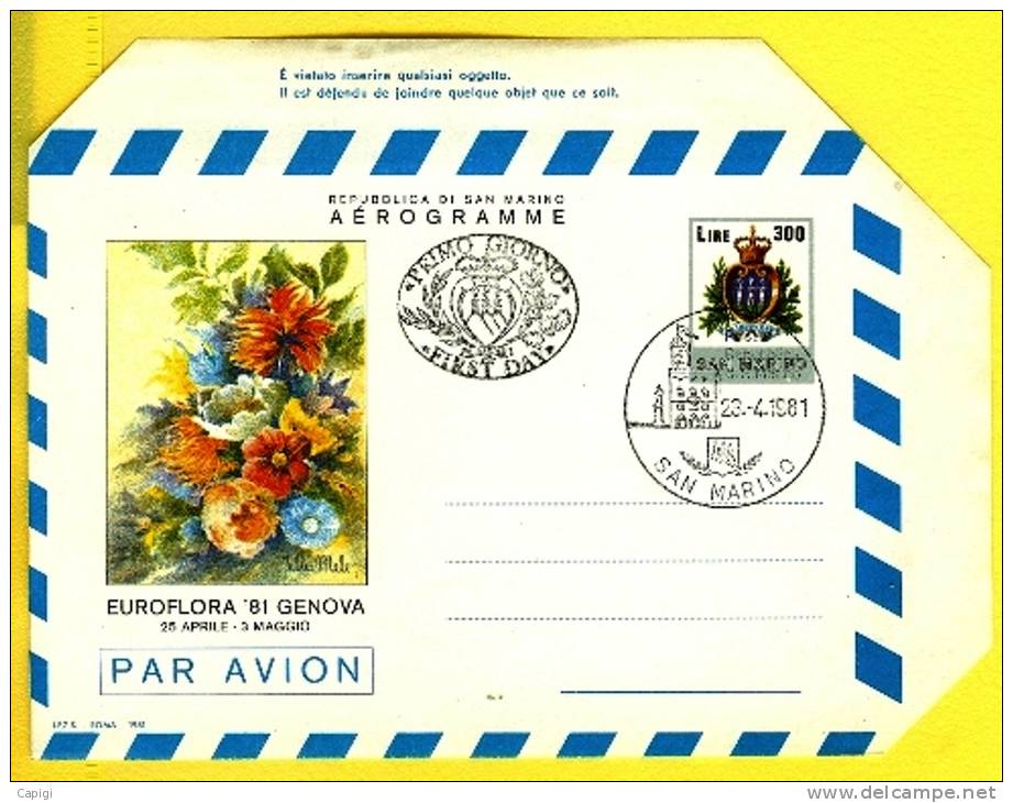 1981 - SAN MARINO -  AEROGRAMMA  -EUROFLORA ´81 GENOVA OBLITERATO 23.4.81 - Airmail