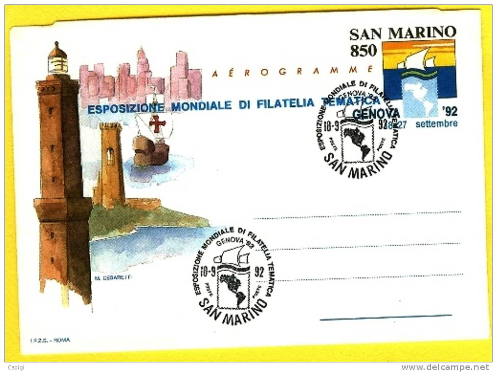 1992 - SAN MARINO -  AEROGRAMMA  - GENOVA 92 OBLITERATO 18.09.92 - Luftpost