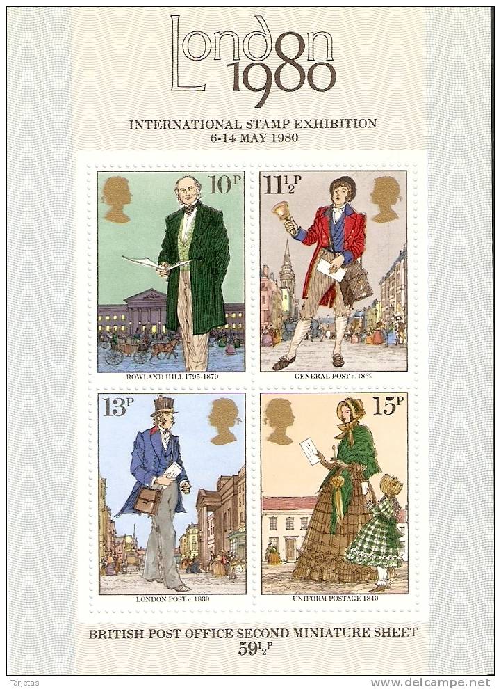 HOJA BLOQUE DE 4 SELLOS DEL REINO UNIDO INTERNATIONAL STAMP EXHIBITION LONDON 1980 NUEVOS SIN USAR - Sheets, Plate Blocks & Multiples