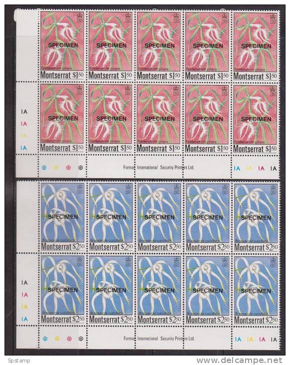 Montserrat 1985 Orchid Flower Set 4 MNH Overprint Specimen Imprint & Plate Number Blocks Of 10 - Montserrat