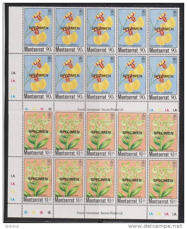 Montserrat 1985 Orchid Flower Set 4 MNH Overprint Specimen Imprint & Plate Number Blocks Of 10 - Montserrat