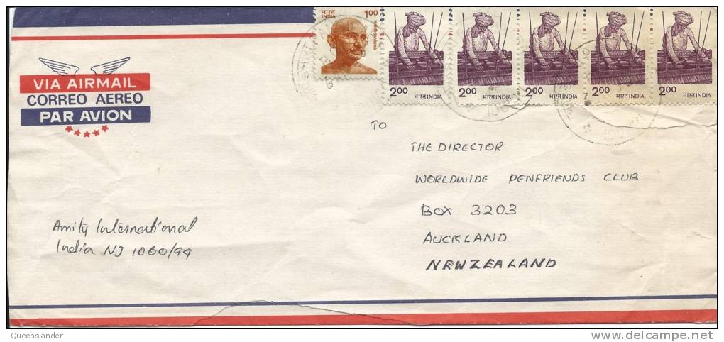 Envelope Roughly Opened 3 Sides & Tears Ghandi 1 Rupee & 5 X 2 Rupee Stamps To New Zealand - Brieven En Documenten