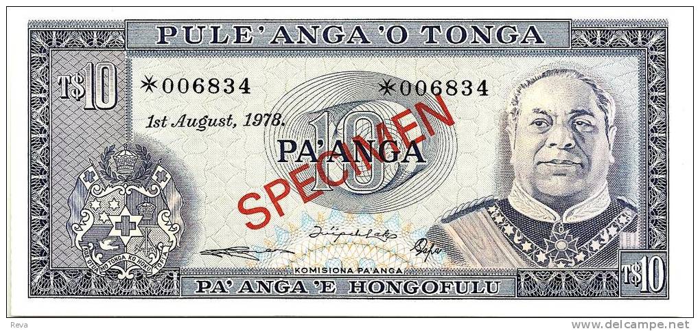 TONGA 10 PA'ANGA BLUE MAN FRONT ROYALPALACE BACK SPECIMEN W/+IN SN DATED 01-08-1978 UNC P.CS1(LIKE 13c) READ DESCRIPTION - Tonga