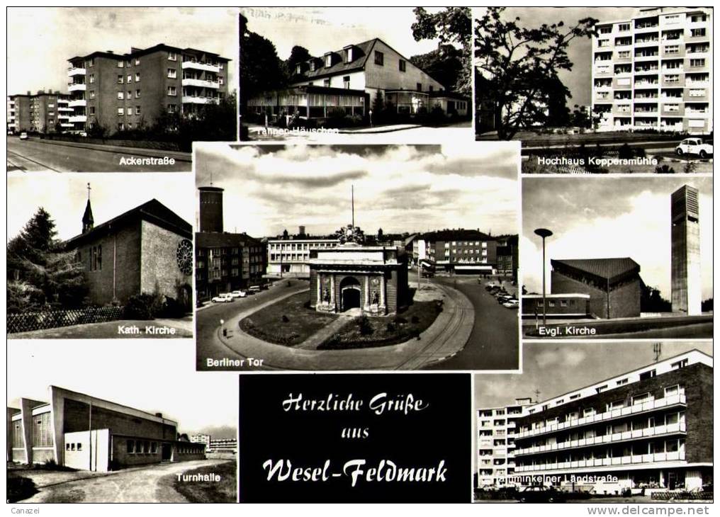 AK Wesel-Feldmark: Turnhalle, Ackerstraße, Tannen-Häuschen, Hochhaus, Gel 1973 - Wesel