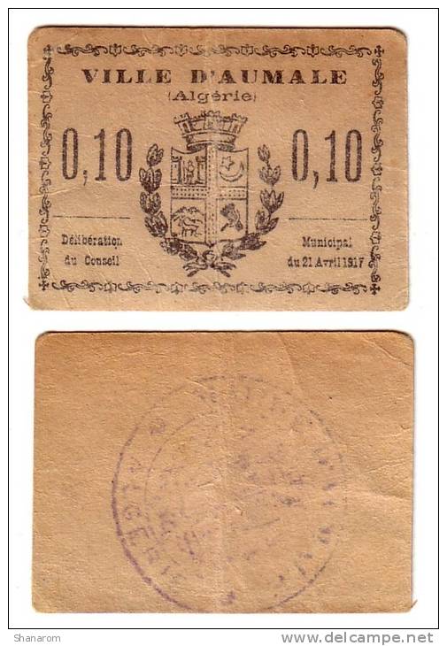 1917 // Algérie // Bon De Nécessité // Ville D´ AUMALE // 10 Cts - Bons & Nécessité