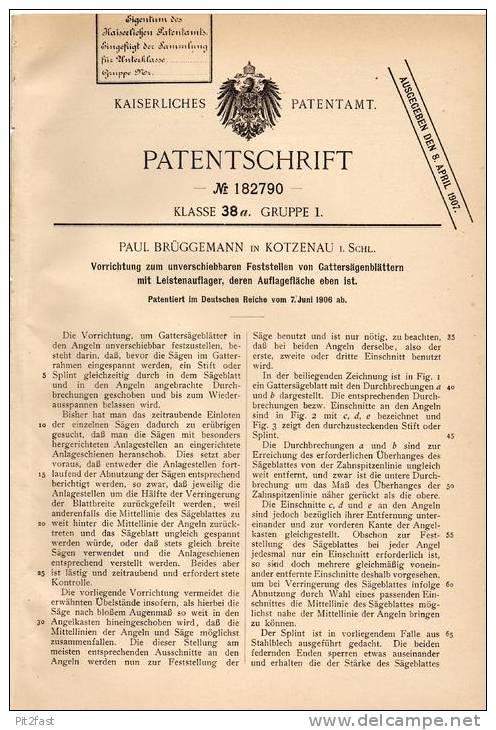 Original Patentschrift - P. Brüggemann In Kotzenau I. Schl. , 1906 , Feststeller Für Gattersägeblätter , Sägewerk !!! - Historische Dokumente