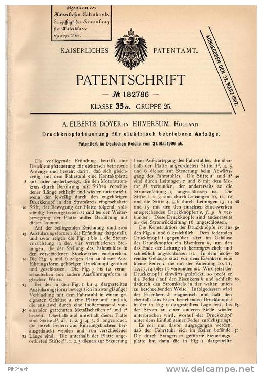 Original Patentschrift -  A. Elberts Doyer In Hilversum , 1906 , Steuerung Für Elektrische Aufzüge , Fahrstuhl , Lift !! - Historische Dokumente