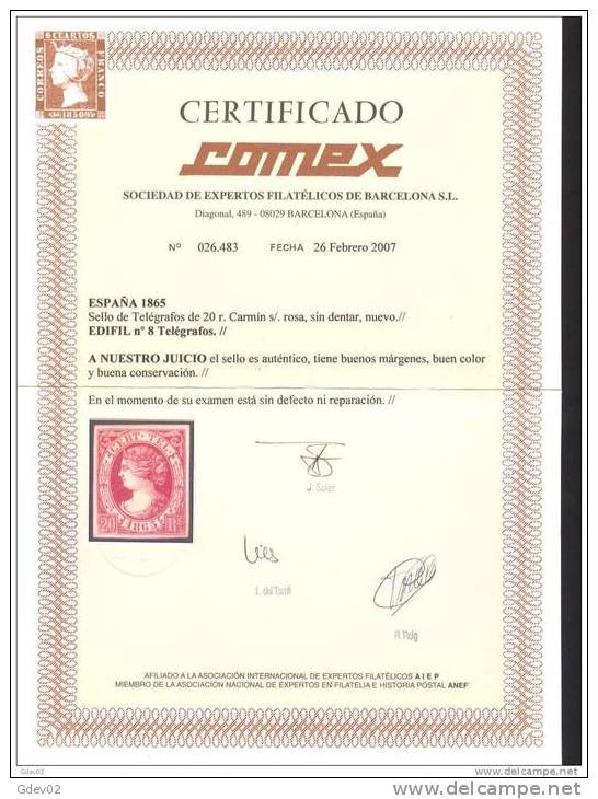 ESTGF8-3120TTSC.España Spain Espagne ISABEL II TELEGRAFOS 1865 (Ed T8*) LUJO CERTIFICADO COMEX . - Autres & Non Classés