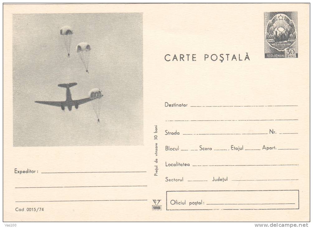 Parachutisme Parachutting,1974,CARD STATIONERY,ENTIER POSTAL UNUSED,ROMANIA. - Parachutespringen