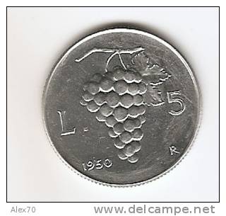 REPUBBLICA ITALIANA LIRE 5 PRIMO TIPO GRAPPOLO D´UVA 1950 QFDC - 5 Lire