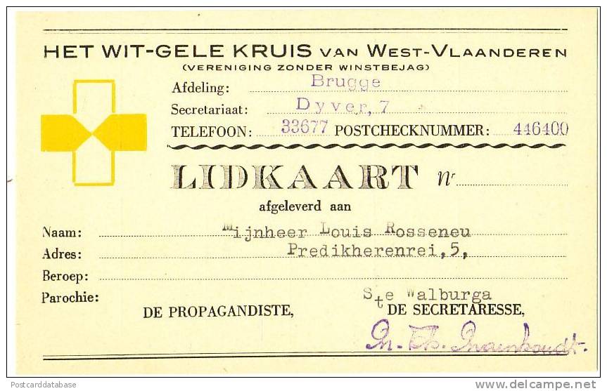 Het Wit-Gele Kruis Van West-Vlaanderen, Brugge - Lidkaart 1953 - Historical Documents