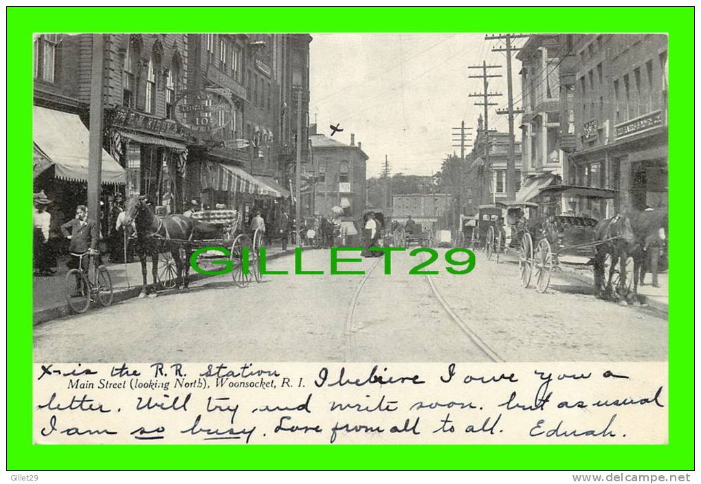 WOONSOCKET, RI - MAIN STREET, LOOKING NORTH - ANIMATED - TRAVEL IN 1907 - UNDIVIDED BACK - - Woonsocket