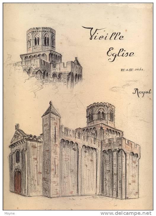 DESSIN  ORIGINAL Au CRAYON - ROYAT - VIEILLE EGLISE -  PUY De DÔME   - Par : A. L  . - Auvergne - Drawings