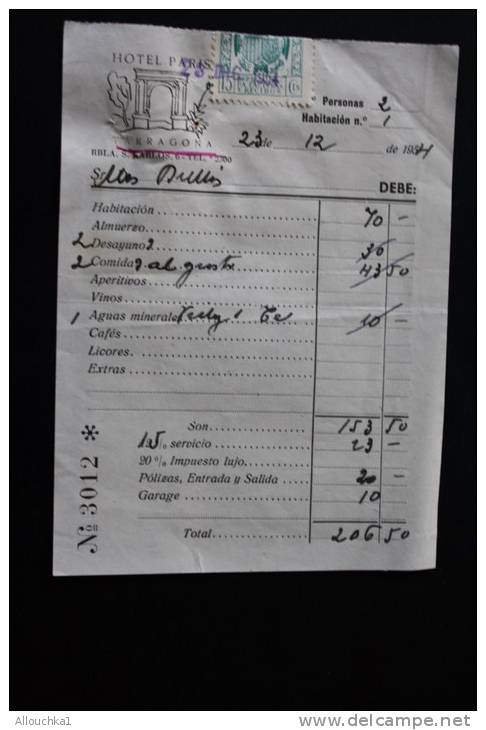 Note, Facturas De L´hôtel Paris Tarragona Espagne España :23/12/1954 2 Personnes Habitacion Numéro 1+ Vignette Fiscale - España