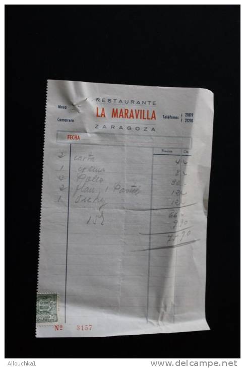 Note Provisional  Facturas Restaurante Lamaravilla Zaragoza Espagne Espagne España 1954 Vignette Fiscale - Spanien
